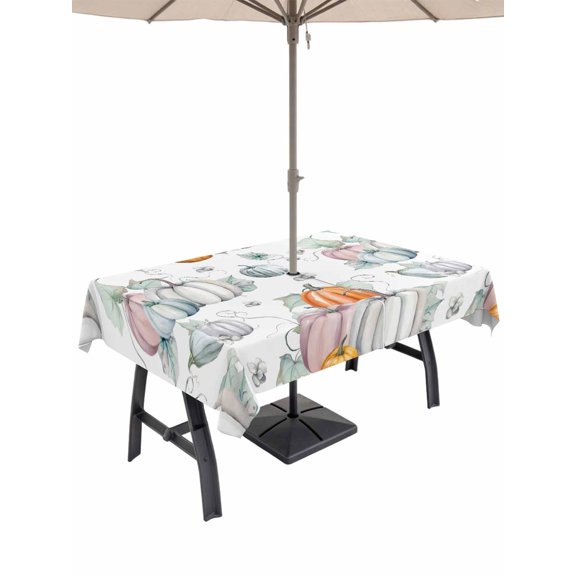 Outdoor Tablecloth with Umbrella Hole and Zipper, Thanksgiving Rectangle Table Cloth 54x80 Inch Waterproof Tablecloth, Orange Blue Pumpkin Autumn Fall Leaf Picnic Table Cover for Patio Camping