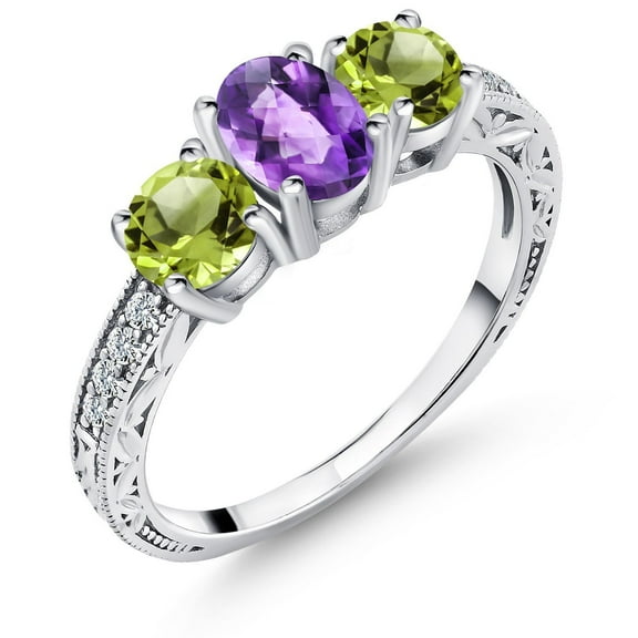 Gem Stone King Oval Checkerboard Purple Amethyst Green Peridot 2.00 Ct 925 Sterling Silver Ring (Size 7)