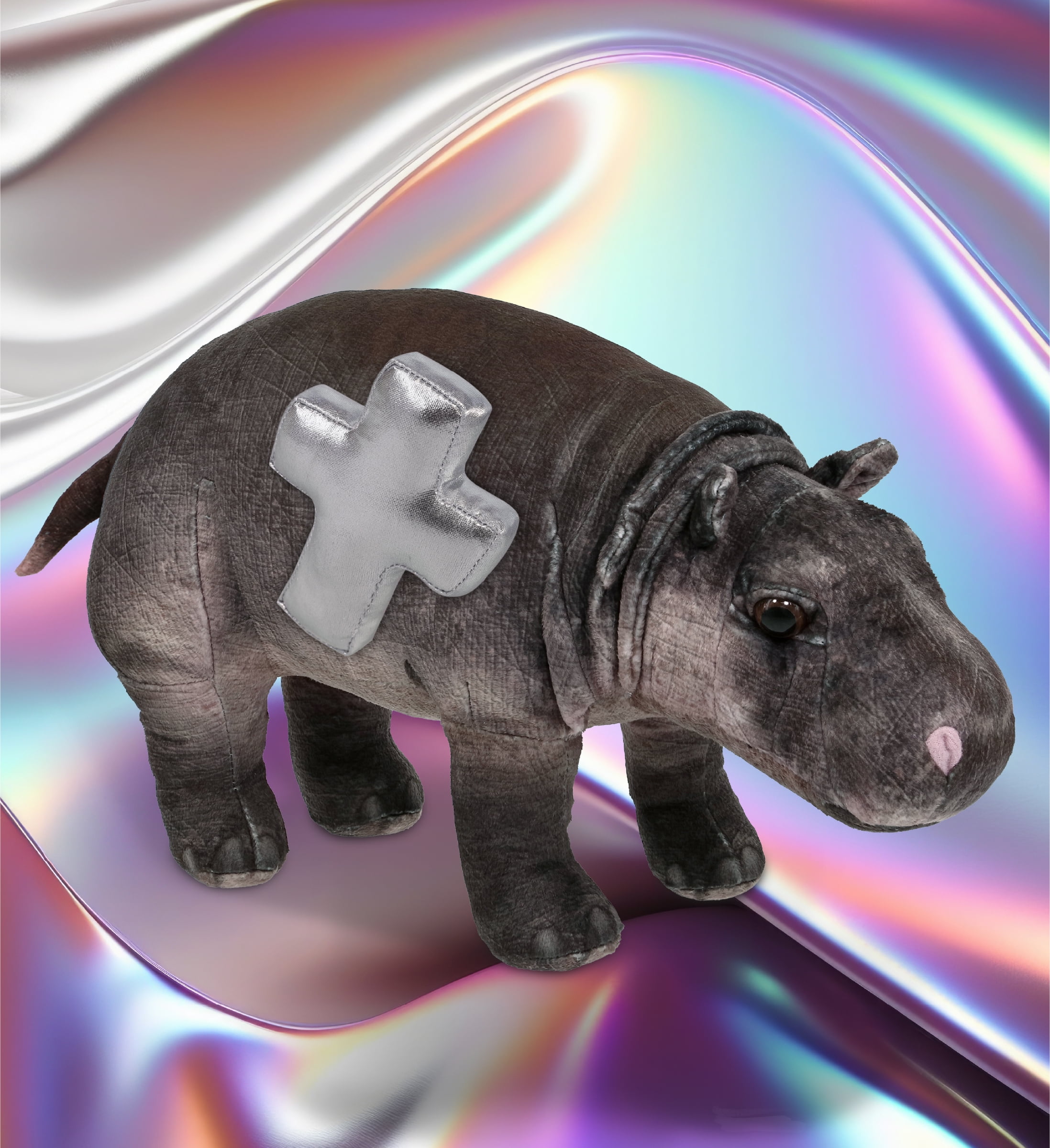 DolliBu Wild Collection Hippo Stuffed Animal with Silver Cross Plush - Baptism Gifts for Boys and Girls, Dedication Christening Gifts Plush Prayer Toy Healing Stuffed Animal - 13 Inches