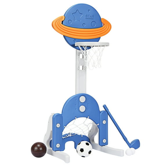 Topbuy 3-in-1 Basketball Hoop Set Stand Toddler Basketball Hoop Game Set Blue