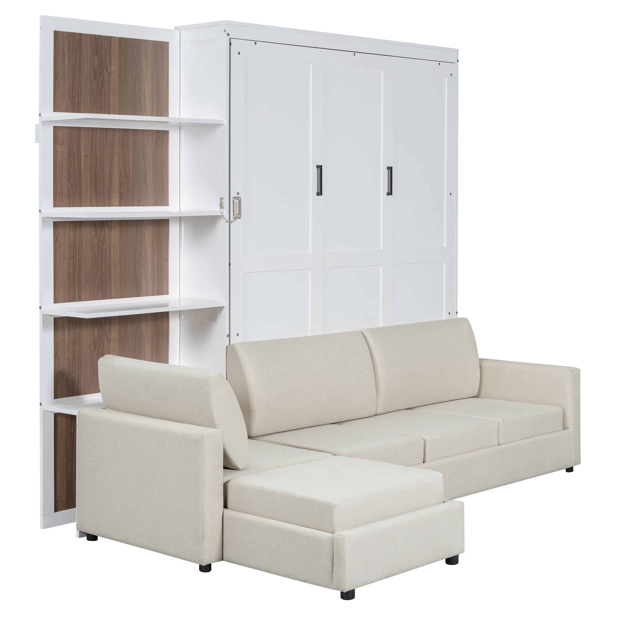 Queen Size Murphy Bed with L Shape Sofa and Open Shelves,Space-Saving for Small Space, Guest Room