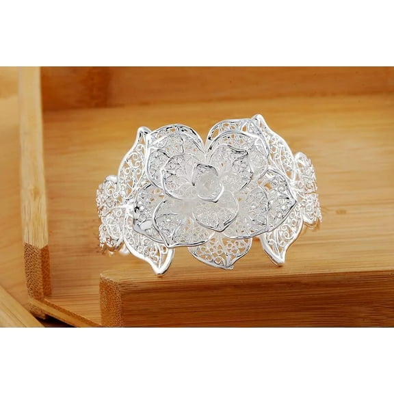 QQTDFG 925Sterling Silver Big Fancy Flower Women Open Up Bangle Cuff Bracelet BY164-default