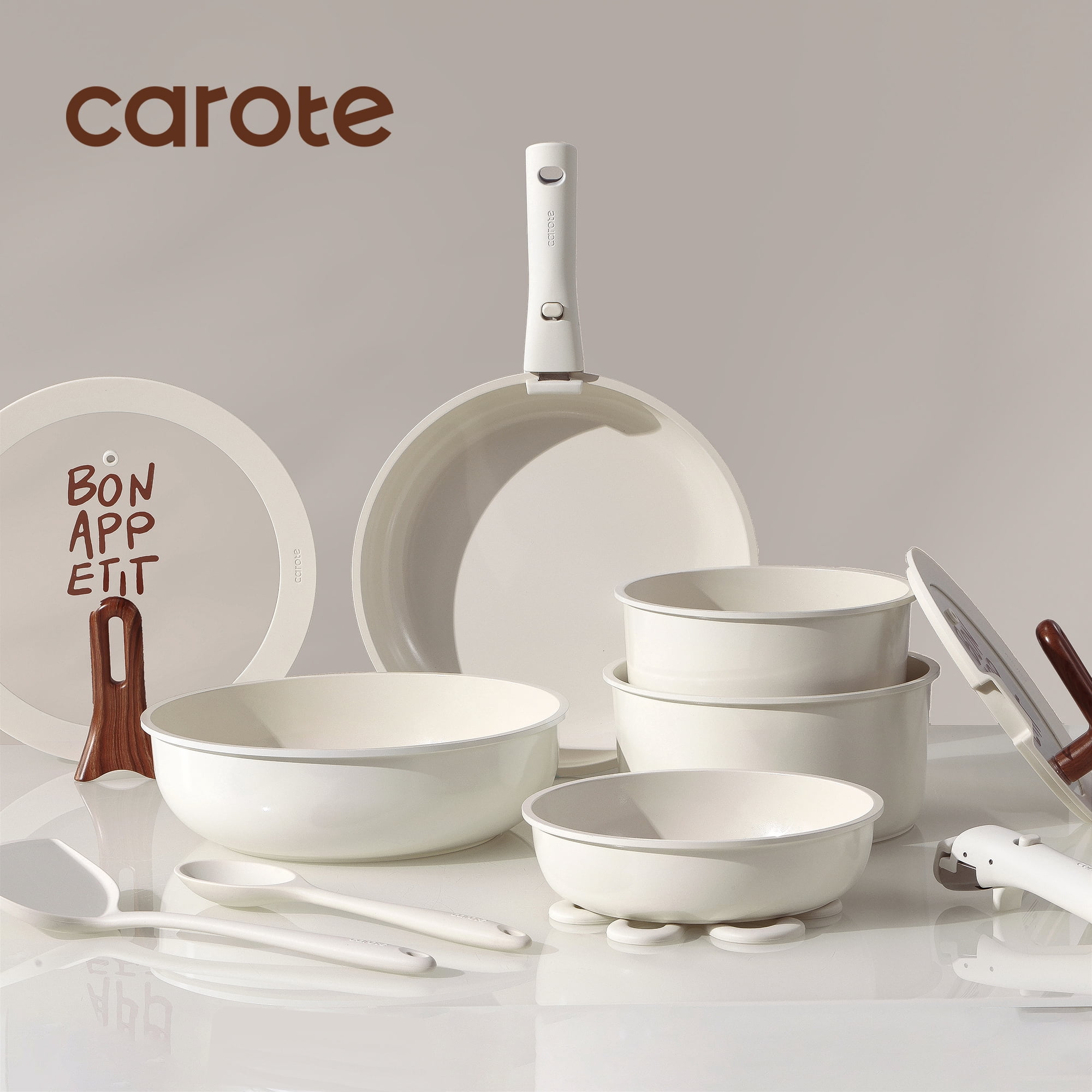 Carote 18 Pcs Ceramic Nonstick Cookware Set, Pots and Pans with Detachable Handles, Oven/Dishwasher Safe, Stackable Kitchen Cooking Set, White