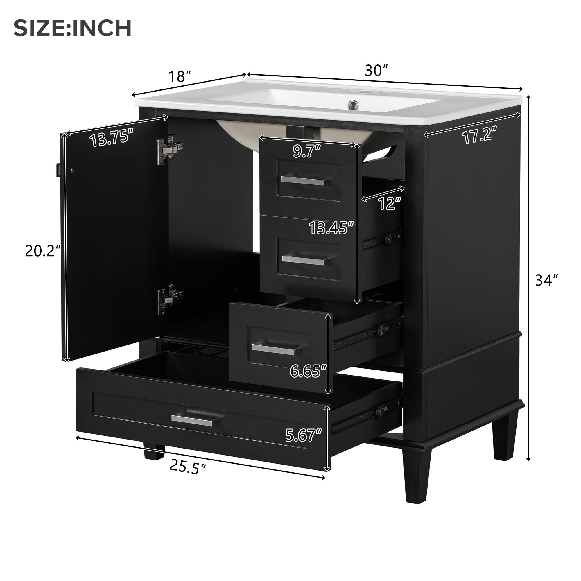 Harper & Bright Designs 30" Bathroom Vanity, Bathroom Cabinet with Sink Combo Set, Bathroom Storage Cabinet with Soft Closing Door and 3 Drawers, Black