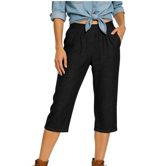 Women's High Waisted Straight Leg Capri Jeans Pull On Stretchy Denim Pants with Pockets Summer Outdoor Lounge Yoga Cropped Pants,Black,L