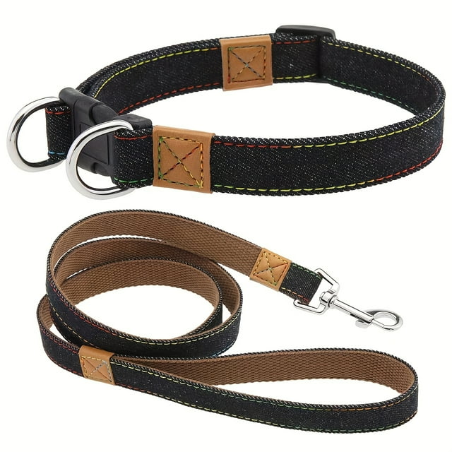 CNKOO Soft and Comfortable Denim Dog Collar and Leash Set Retro Denim with Colorful Stitching Durable Nylon Strap Lining Suitable for Small Medium Large Dogs Dog Collar Dog Collar Fo