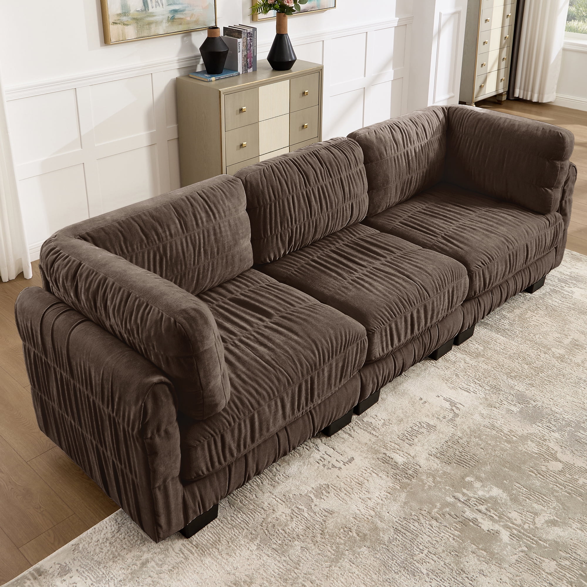 109" 3 Seat Ruched Chenille Modular Sectional Sofa with L Shape Thickened Back Cushions,Easy Assembly