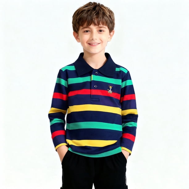 Blusa y camisa de manga larga con cuello vuelto para niños, blusa deportiva recreativa con estampado de rayas de verano para niños, blusa de manga larga con cuello vuelto para niños, parte superior de