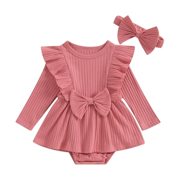 Musuos Newborn Girl Outfit, 3 6 9 12 18M Long Sleeve Crew Neck Bow A-line Romper Dress with Headband Clothes