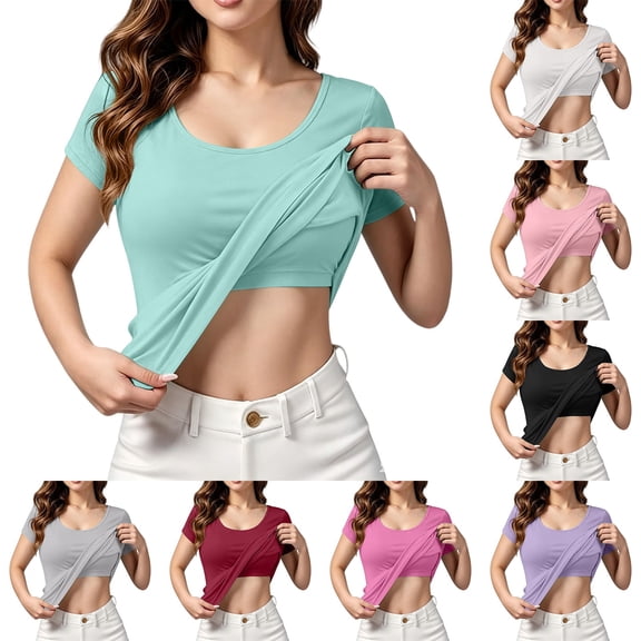 Nooxsoe Womens Short Sleeve Tops Built in Camisole Padded Tank Tops Scoop Neck with Built in Padded Camisole Tops Vest Tops Cami Top Workout Yoga Camisole Summer Tops for Women A3-brick Red M