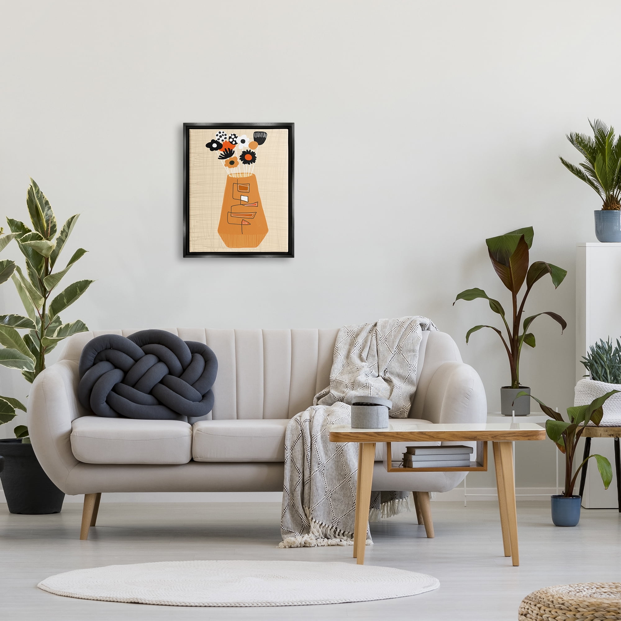 Stupell Industries Boho Orange Flower Vase Botanical & Floral Painting Black Floater Framed Art Print Wall Art, 17 x 21