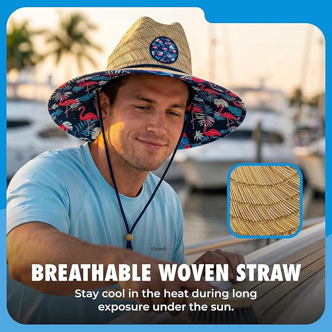 Grinderpunch Lifeguard Hat Mens Straw Sun Hat for Beach, Outdoor, and Travel | UPF 50+ Sun Protection | Wide Brim Straw Beach Hat | Classic Sun Hat for Men and Women ( Flamingo Palm )