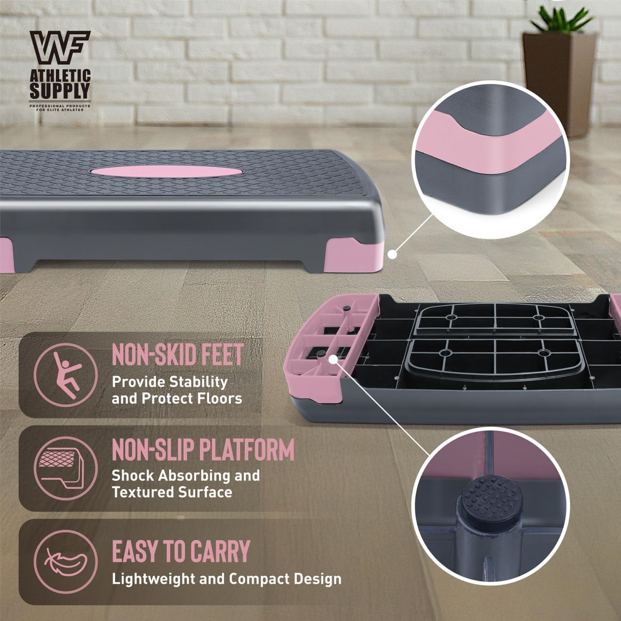 WF Athletic Supply Aerobic Stepper Set with Dumbbells & Measuring Tape, Adjustable Height 2 Level Risers Workout Exercise Step Platform Trainer for Home Gym Exercise Fitness Workout, Pink