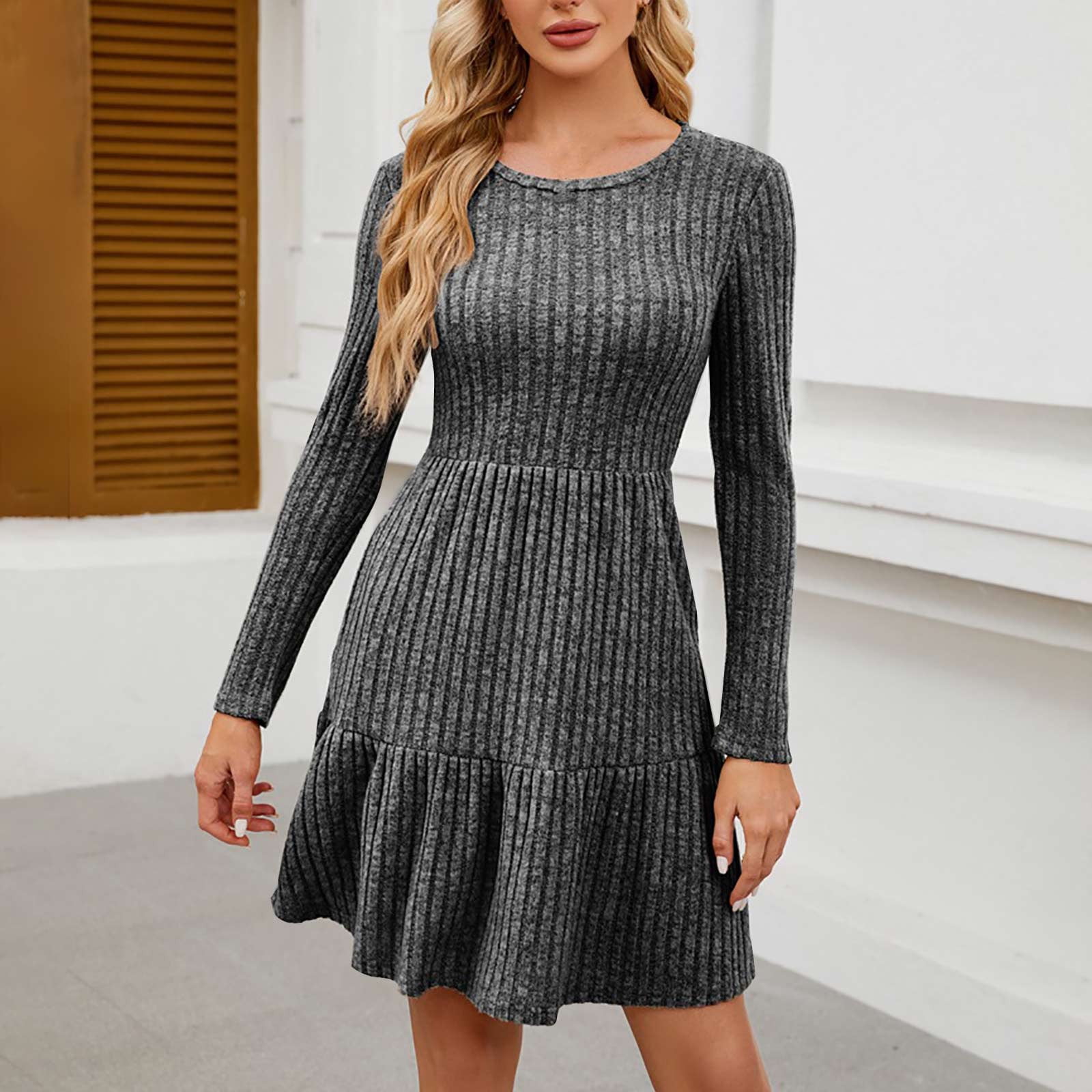 OSFVNOXV Long Sleeve Sweater Dress for Women Ribbed Knit Shirt High Waisted Bodycon Tiered Mini Dress with Pockets