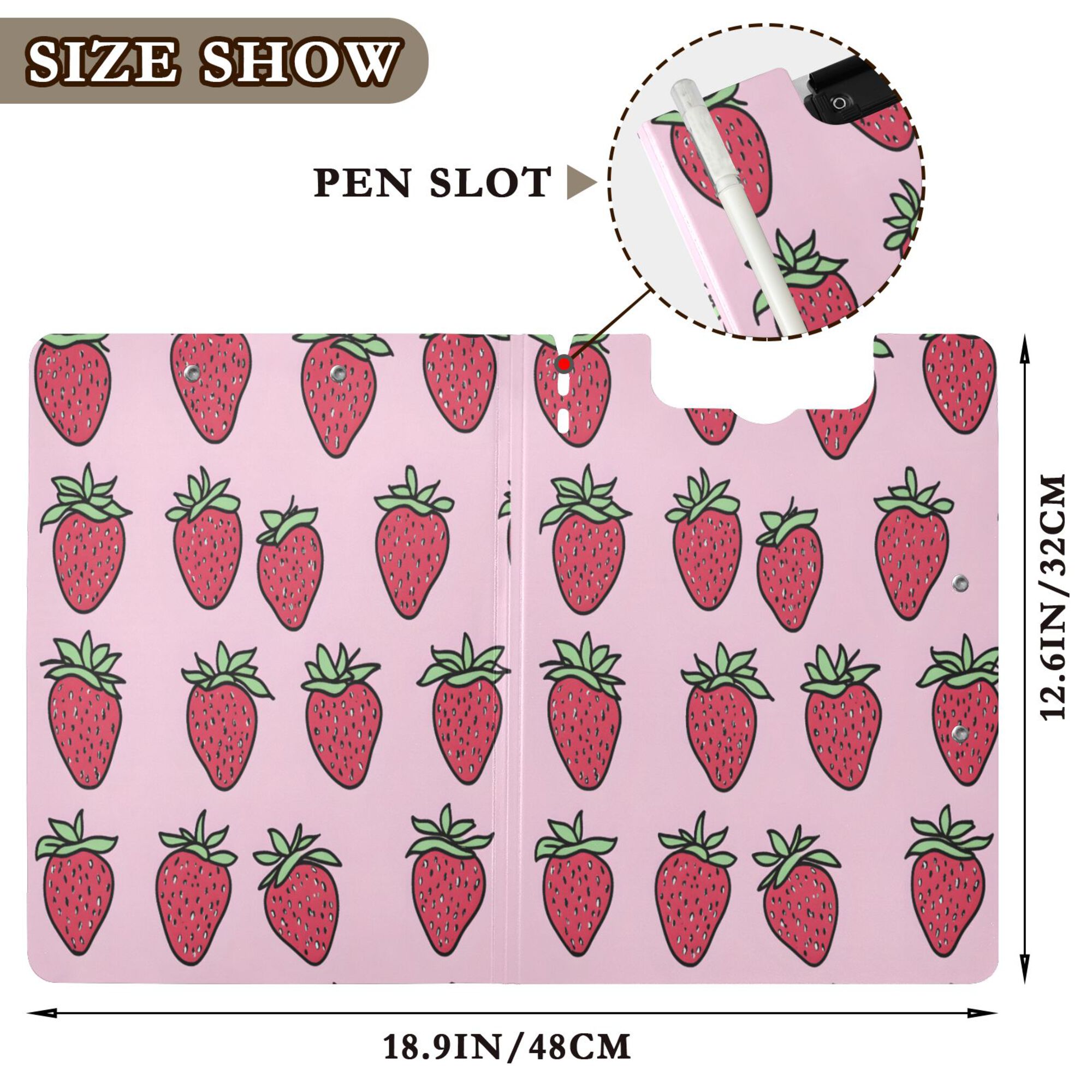 FORMRS A4 Clipboard Folder with Pen Holder Horizontal Foldable School Office Binder, Cartoon Strawberry