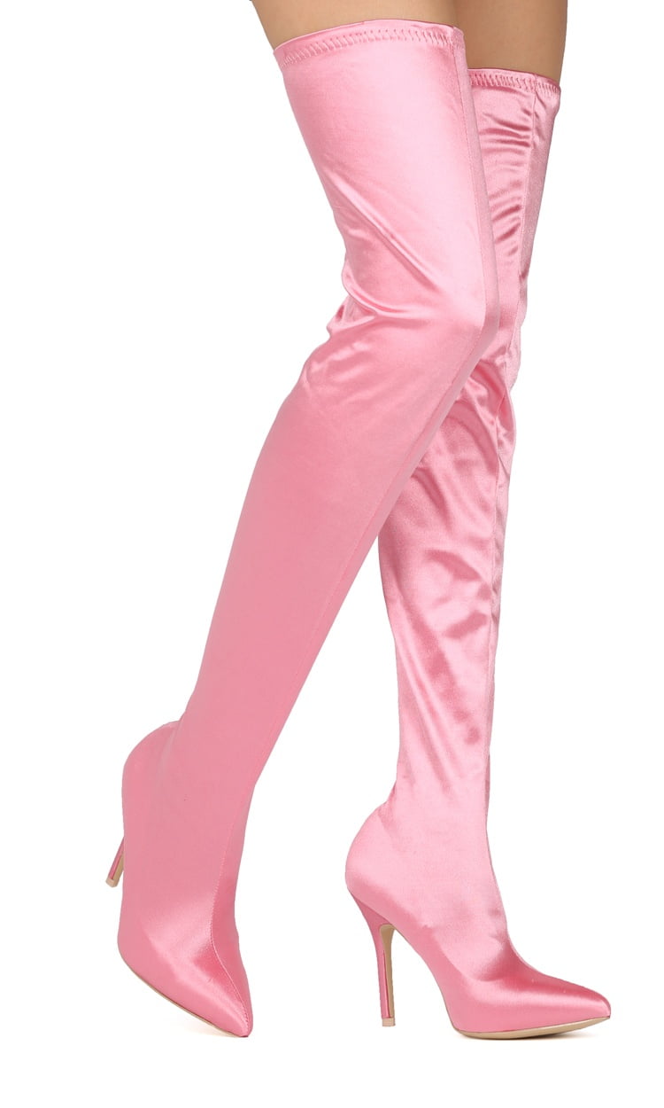 pink satin thigh high boots