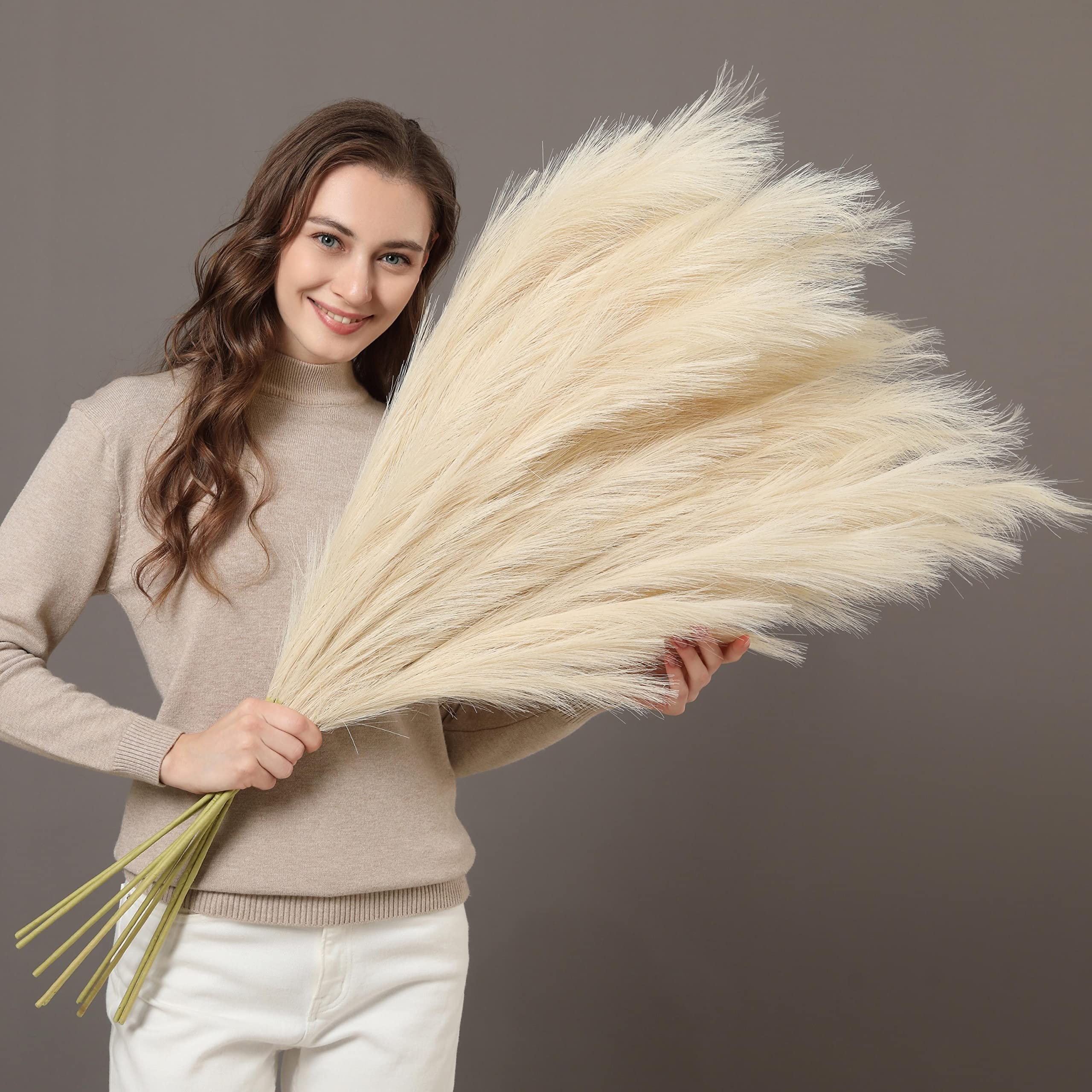 TETOU 8pcs Faux Pampas Grass 38"/3.1FT Tall Fake Pampas Floral Large Artificial Natural Pompous Grass Plants for Floor Vase Filler Home Boho Decor - Beige