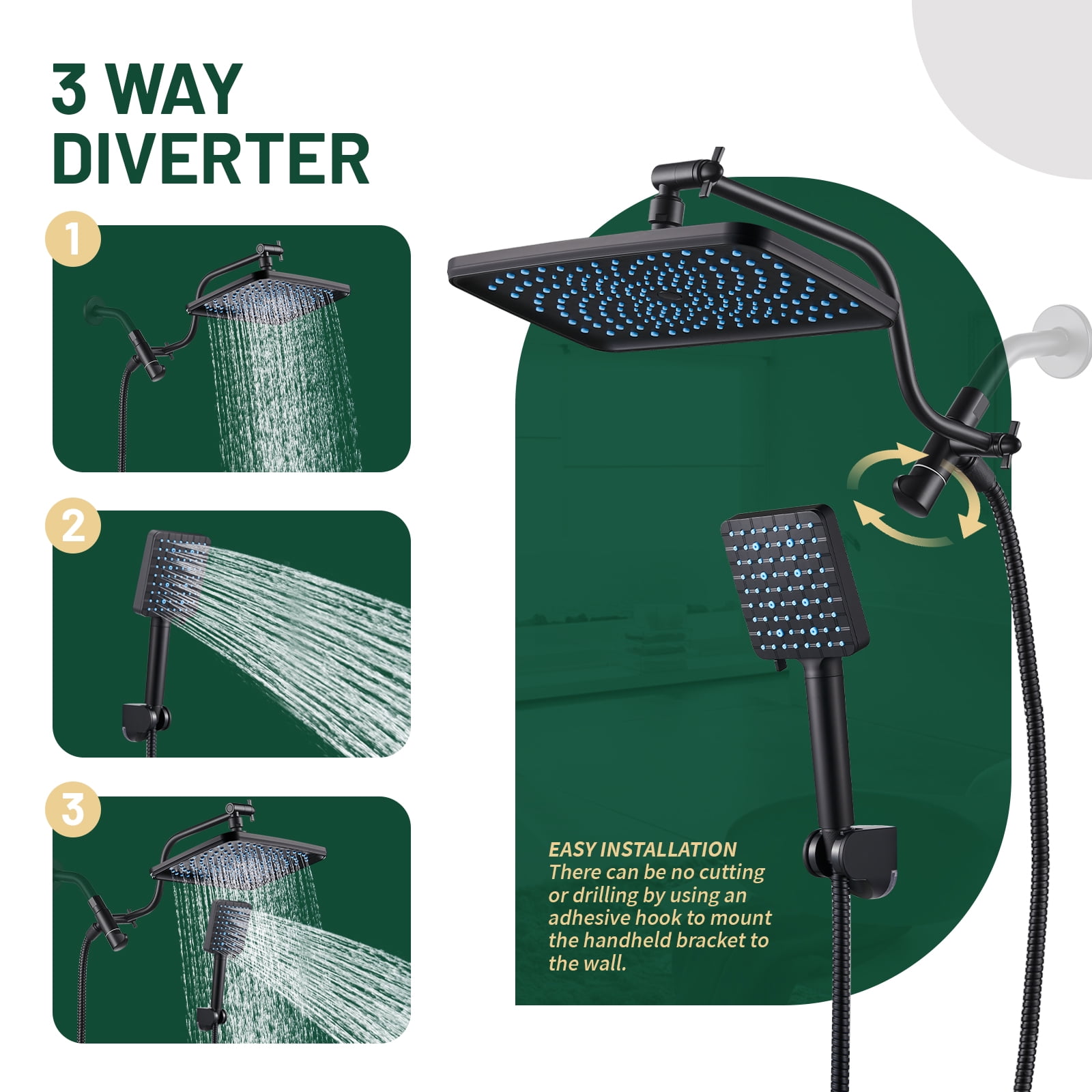 Cobbe 12 Inch Rain Shower Head Combo, High Pressure Handheld Shower Head with Filter, Arm Height Adjustable, 9 Spray Filtered Shower Head, Matte Black