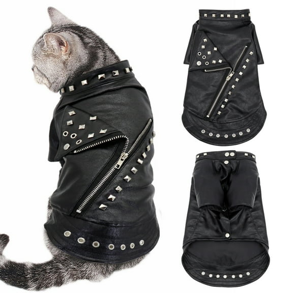 Didog Fashion Small Cat Dog Jacket Black PU Leather Motorcycle Coat Outfit Clothes with Studs