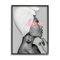 Stupell Industries Woman Portrait Pink Love Phrase Typography Painting Black Framed Art Print Wall Art, 24 x 30