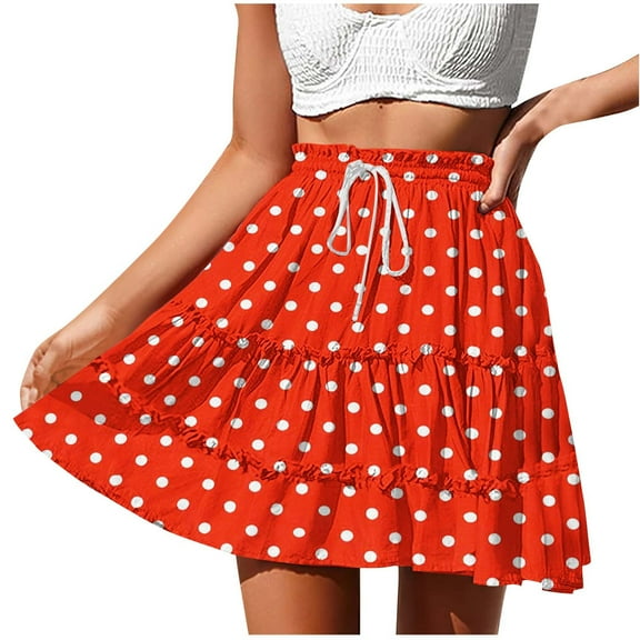 Arnsht Womens Summer Beach Polka Dot Print Mini Skirt Pleated A-Line Versatile Stretchy Casual Short Skirts Orange S