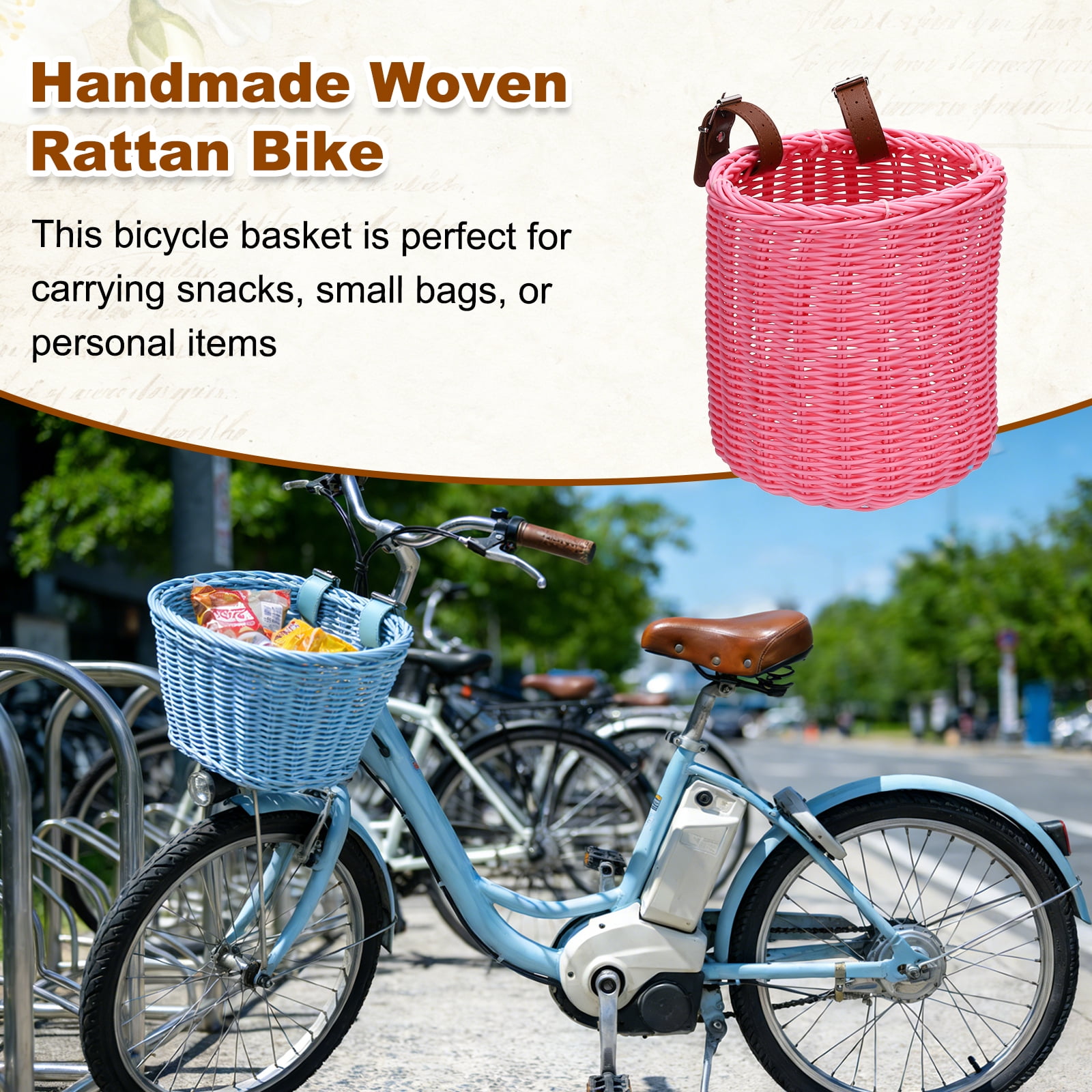 Uxcell Bike Basket, Imitation Rattan Bicycle Basket Adjustable Front Baskets with 2 Leather Belt Buckles Strong Load 7.3 x 7.3 x 8.2" & Pink-Fitting For(Most Bikes/Tricycle/Scooters)