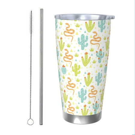 

KLL Snake And Cactus Print 40oz Stainless Steel Insulated Car Cup with Spillproof Lid - Keep Your Drink Hot or Cold on the Go-Straw Two-piece Set