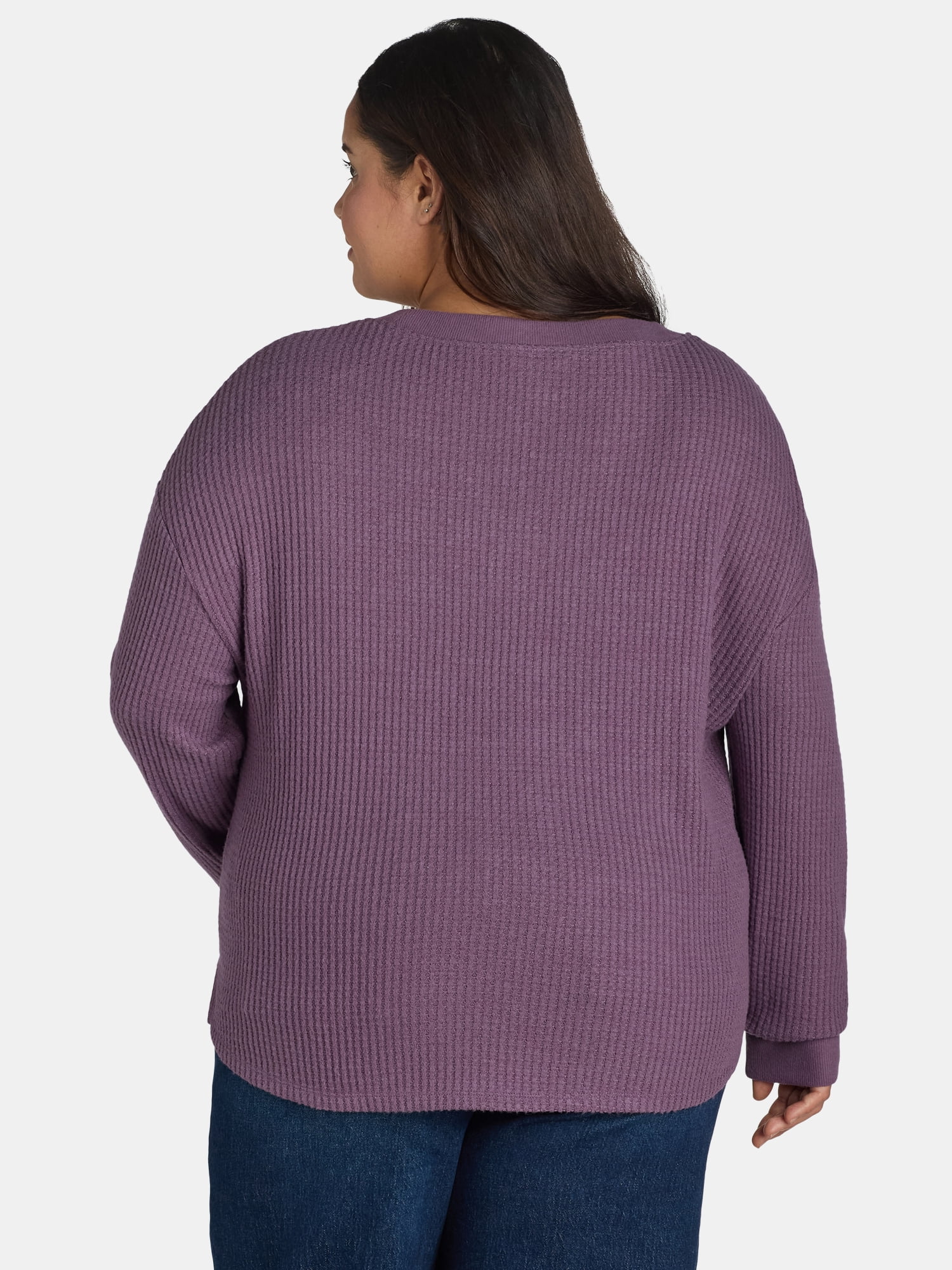 Terra & Sky Women’s Plus Waffle V Neck Henley Top, Sizes 0X-5X