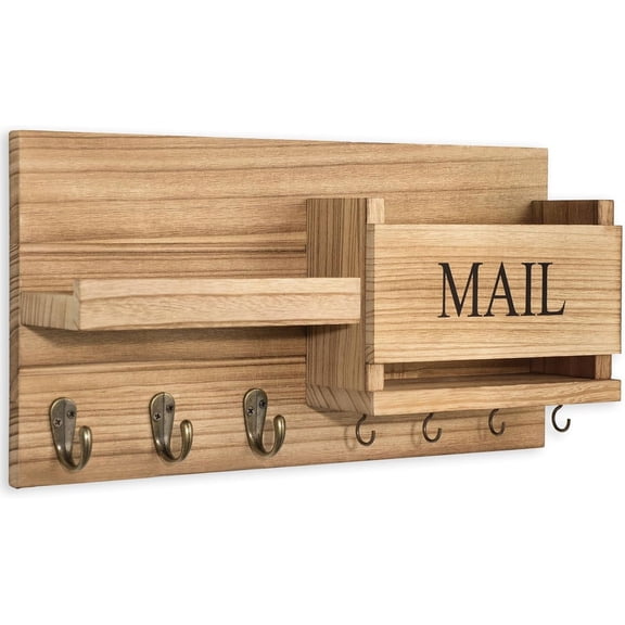 Mail Organizer for Wall Mount – Key Holder with Shelf Includes Letter Holder and Hooks for Hallway Farmhouse Decor – Rustic Wood with Flush Mounting Hardware (Multicolor)