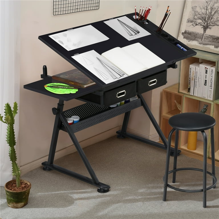 Glass Drafting Table Art Desk Adjustable Professhional Artwork Drawing Drafting  Table Desk, Glass-Topped Art Table for Craft Station Studio Home Office  School w/Drawers/Chair Black 