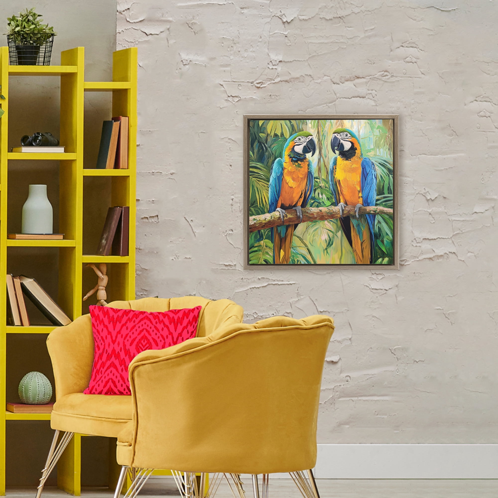 Stupell Industries Two Macaws Among Foliage Brown Framed Floater Canvas Wall Art, design by Petal Prints Design