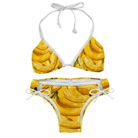 Women s Two Piece Halter Neck Bikini Swimsuits Padded Golden Banana Print Swimwear Bathing Suits