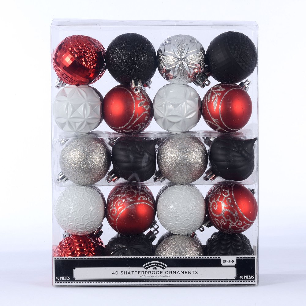 Holiday Time 40 Count Shatterproof Ornaments Red, Black, White
