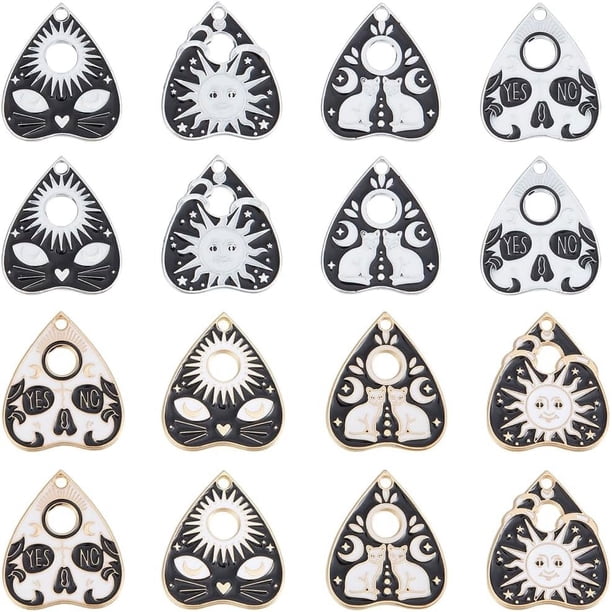32 piezas de 8 estilos de amuletos de tarot, amuletos a granel, tablero de ouija, esmaltado, plateado, dorado, sol, gato, sí, no, amuletos de corazón en forma de lágrima a granel