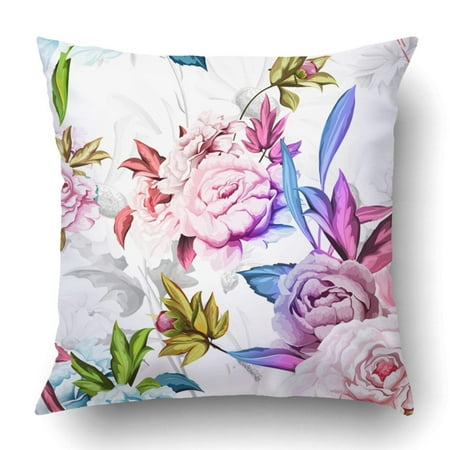Pink And White Cushions WOPOP Green Pattern Of Peony On White With Cornflowers And Chamomiles Watercolor Pink Pillowcase Cover Cushion 18x18 inch ()
