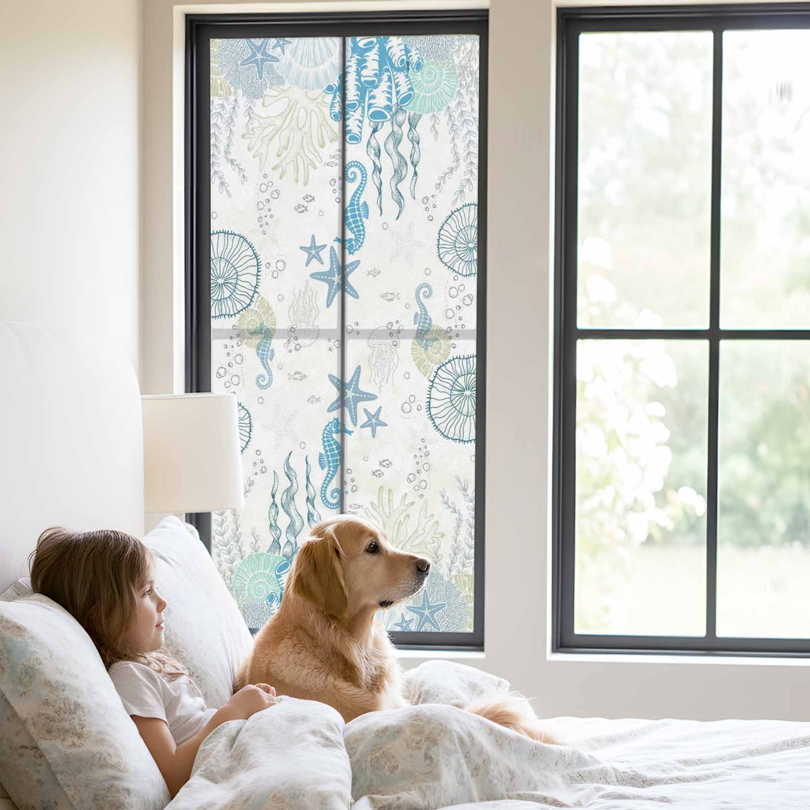 Coastal Blue Window Privacy Film, Ocean Coral Starfish Jellyfish Seahorse Static Cling UV Sun Blocking Heat Control Window Tint Day and Night, Non-Adhesive One Way Windows Privacy Cover 23.6''x59''