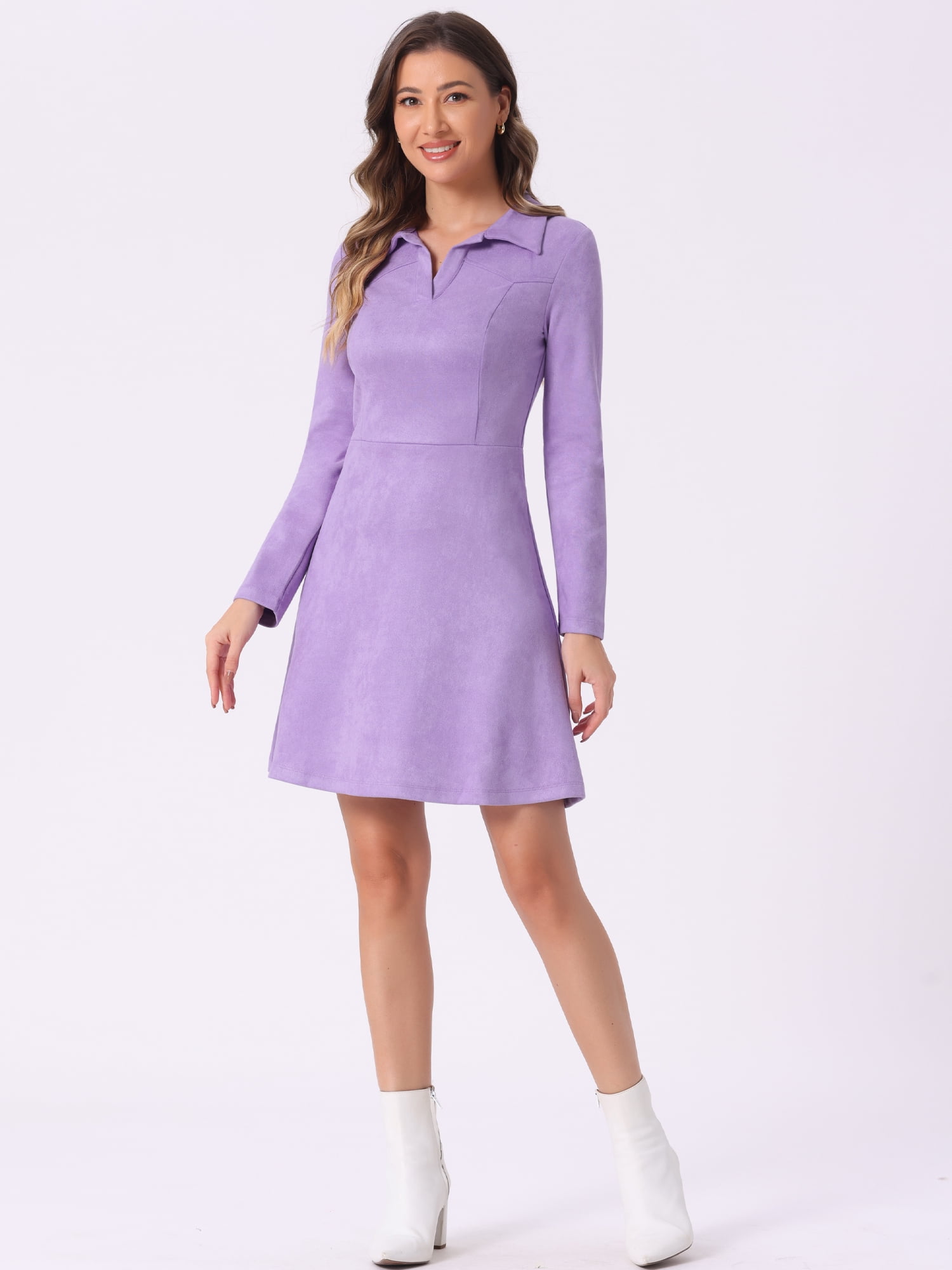 DARING DIVA Faux Suede Lapel Neck Long Sleeve A-Line Dress L Purple