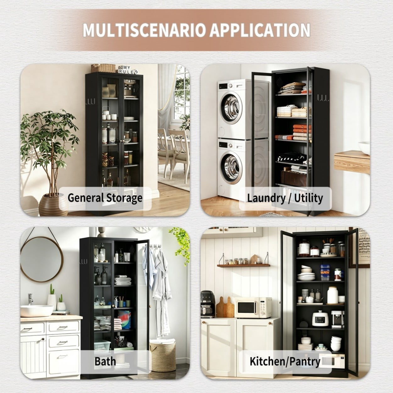 72" Tall Metal Kitchen Pantry Cabinet, Freestanding Storage Cabinet with Glass Doors, 5 Adjustable Shelves, Heavy Duty Steel Organizer for Kitchen Bathroom Pantry, Black