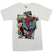 Spider-Man Mens T-Shirt - Spidey Jumping Over Comic Pile (Medium)