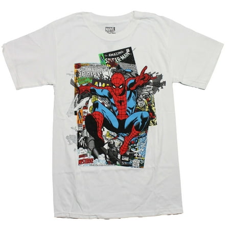 Spider-Man Mens T-Shirt - Spidey Jumping Over Comic Pile (Medium)