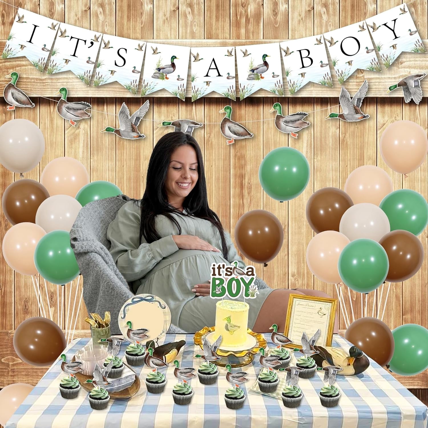 JOYMEMO 8-teiliges Entenjagd-Babyshower-Dekoset – Waben-Dekoration In Grün/Braun, 'It's A Boy'