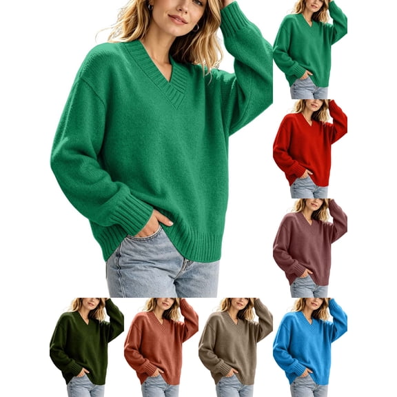 DYTTDG Women's V-Neck Sweater | Long Sleeve Loose Fit Solid Color Knit Pullover Top, Ribbed Cuffs and Hem Casual Jumper for Daily Outfits