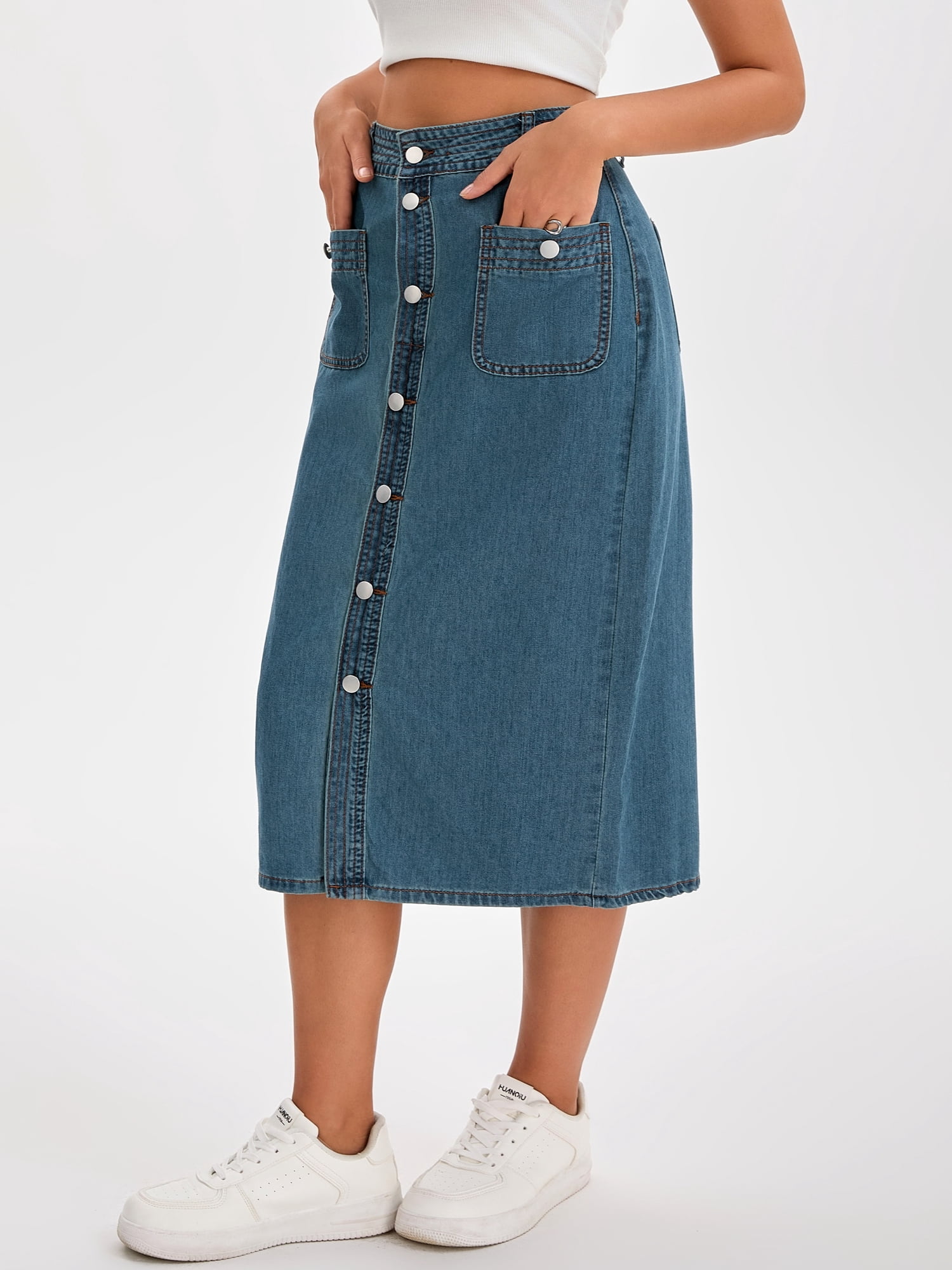 DARING DIVA Women's Slit Back Midi Denim Pencil Skirt with Pockets XL Retro Blue