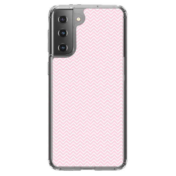 DistinctInk Clear Shockproof Hybrid Case for Galaxy S21  PLUS 5G (6.7" Screen) - TPU Bumper, Acrylic Back, Tempered Glass Screen Protector - Pink & White Thin Chevron Pattern