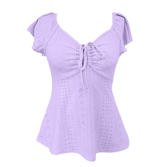ZIXKCGDSE Womens Tops Summer Shirts Short Sleeve Drawstring Neck Goingout Fashion Clothes Size S