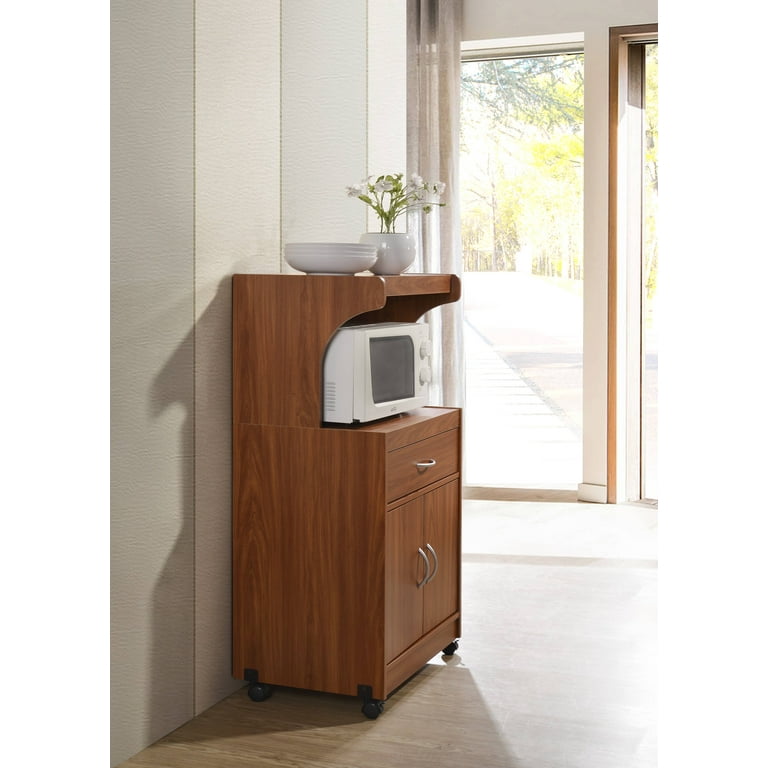 Hodedah Microwave Contemporary Wooden Kitchen Cart in Cherry
