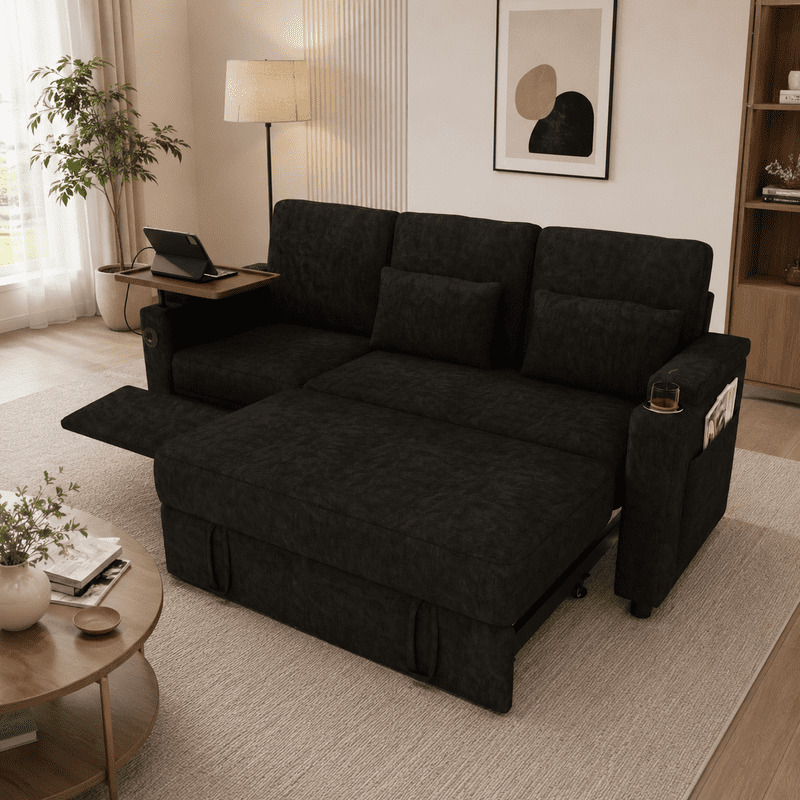 3-in-1 Convertible Sofa Bed, 3-Seater Chenille Couch with Adjustable Backrest, USB Charging Ports, Table Board and Storage Armrests, 81'' Foldable Sleeper Sofa for Living Room