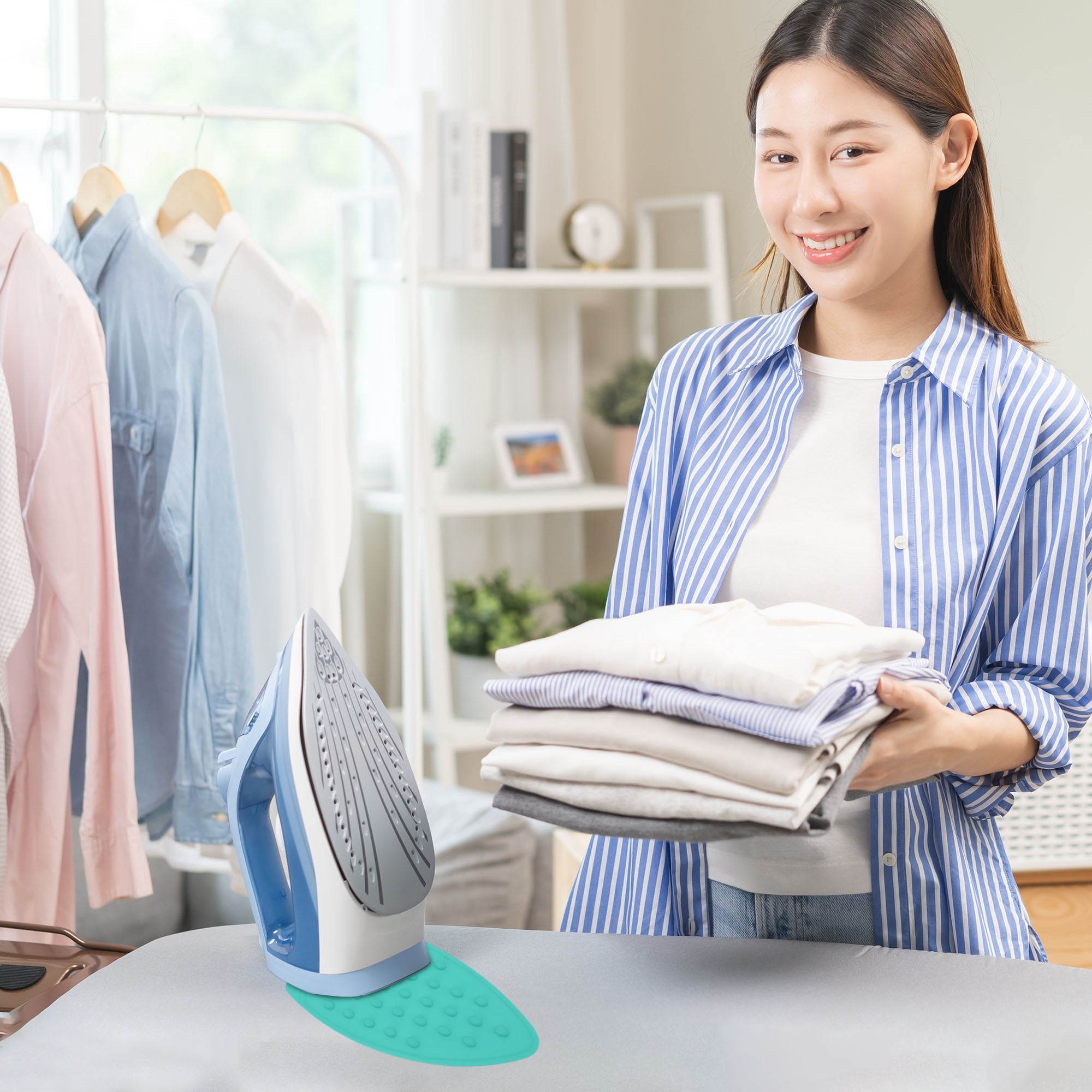 Unique Bargains Electric Iron Stand Hanging Hole Rest Pad Safe Cyan