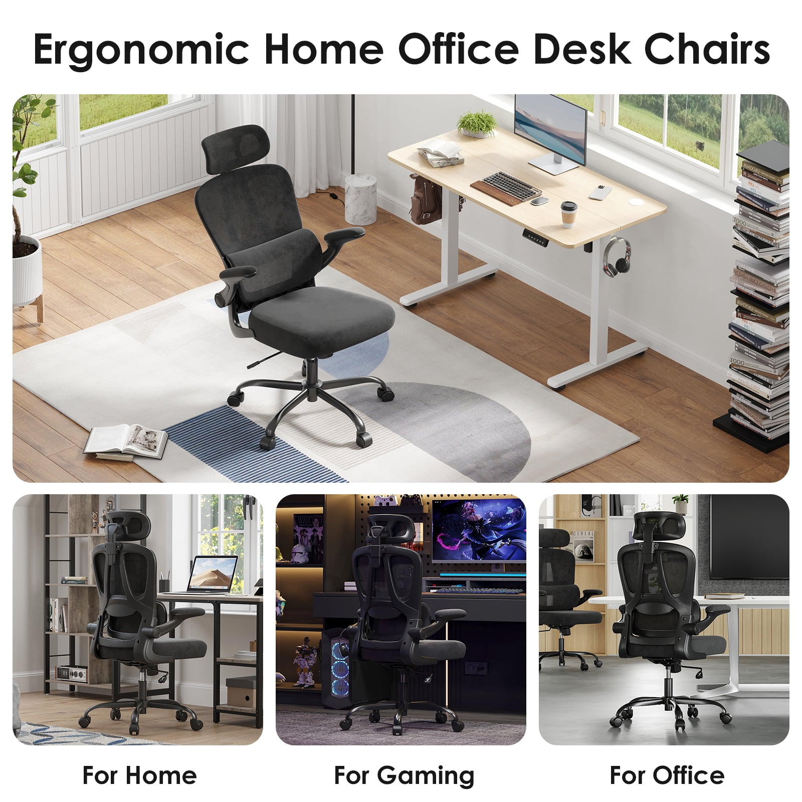 Farini Ergonomic Office Chair, Adjustable High Back Mesh Desk Chair with Lumbar Support, 2D Headrest , Black