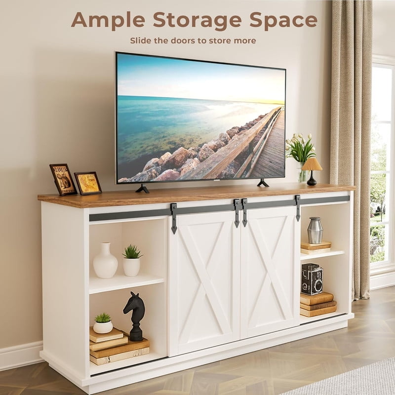 Bigleap 65 Inch TV Stand with Sliding Barn Doors, Adjustable Shelves Media Console, Farmhouse Entertainment Center for Living Room Storage，White